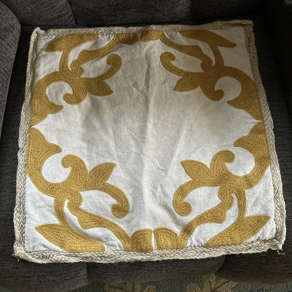 Vintage Pier One Imports Embroidered Jute Decorative Yellow scroll Pillow case